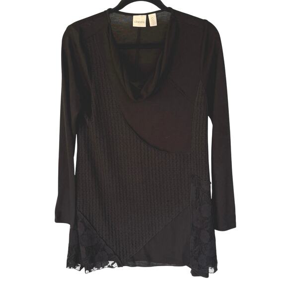 Chico’s Black Patchwork Boho Cowl Neck Shabby Chic Sharkbite Blouse Gypsy Witch - Picture 1 of 9